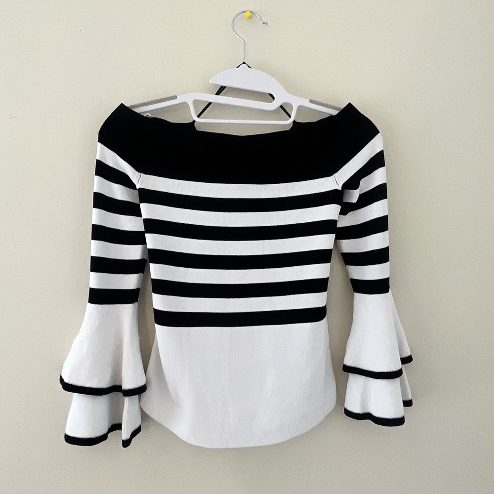 NWT Scripted Black and White Striped Bell Sleeve Sweater